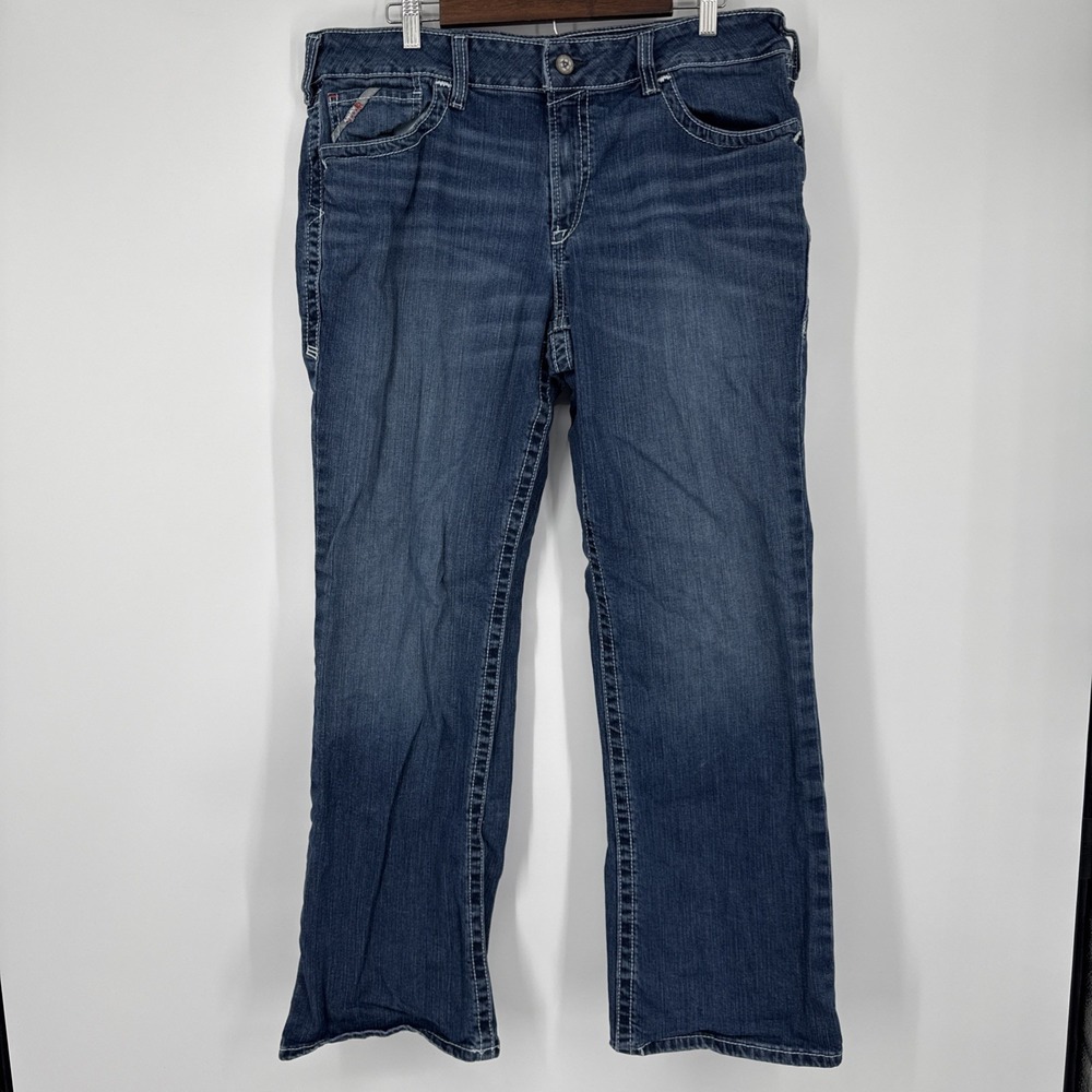 Ariat FR Jeans Men 34R White Stitch Cat 2 Mid Rise Boot Medium Wash Blue Denim